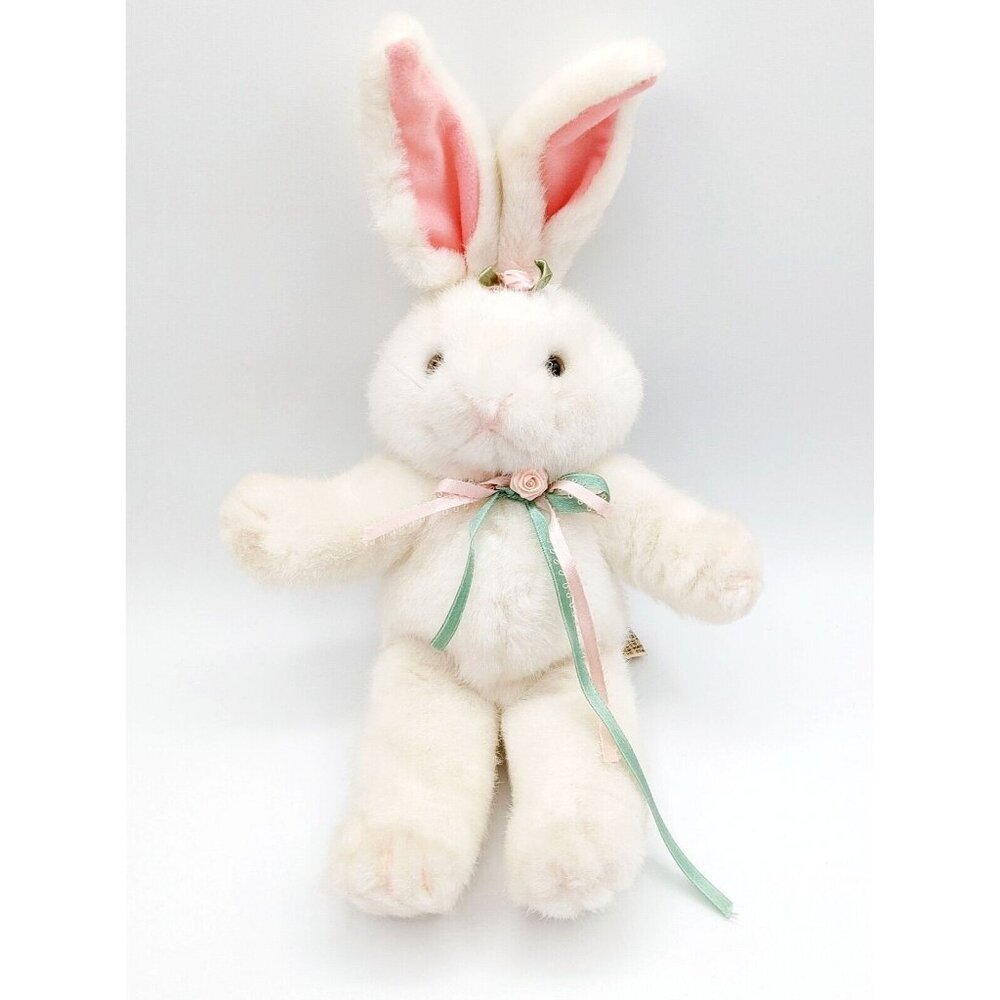 Applause White Bunny Rabbit Plush Stuffed Animal 11" Pink Blue Ribbon Vintage